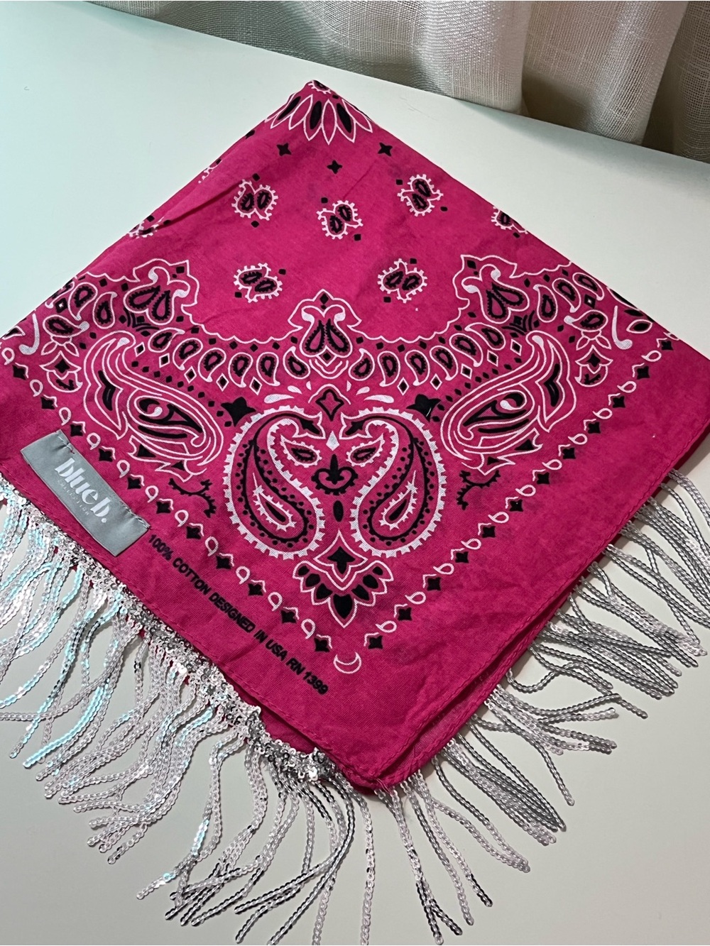 Pinkish Red Paisley Sequined Fringe Bandana Scarf